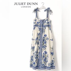 Juliet Dunn London Blue Floral Print Cotton Tie-Strap Dress Size Large/3